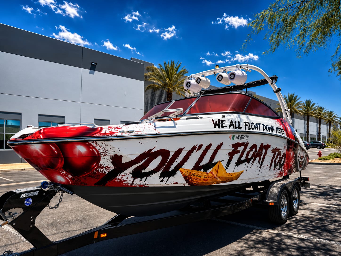 Custom boat wraps Las Vegas — Pennywise IT-themed full hull vinyl wrap installed at Purple Flare Wraps Henderson NV