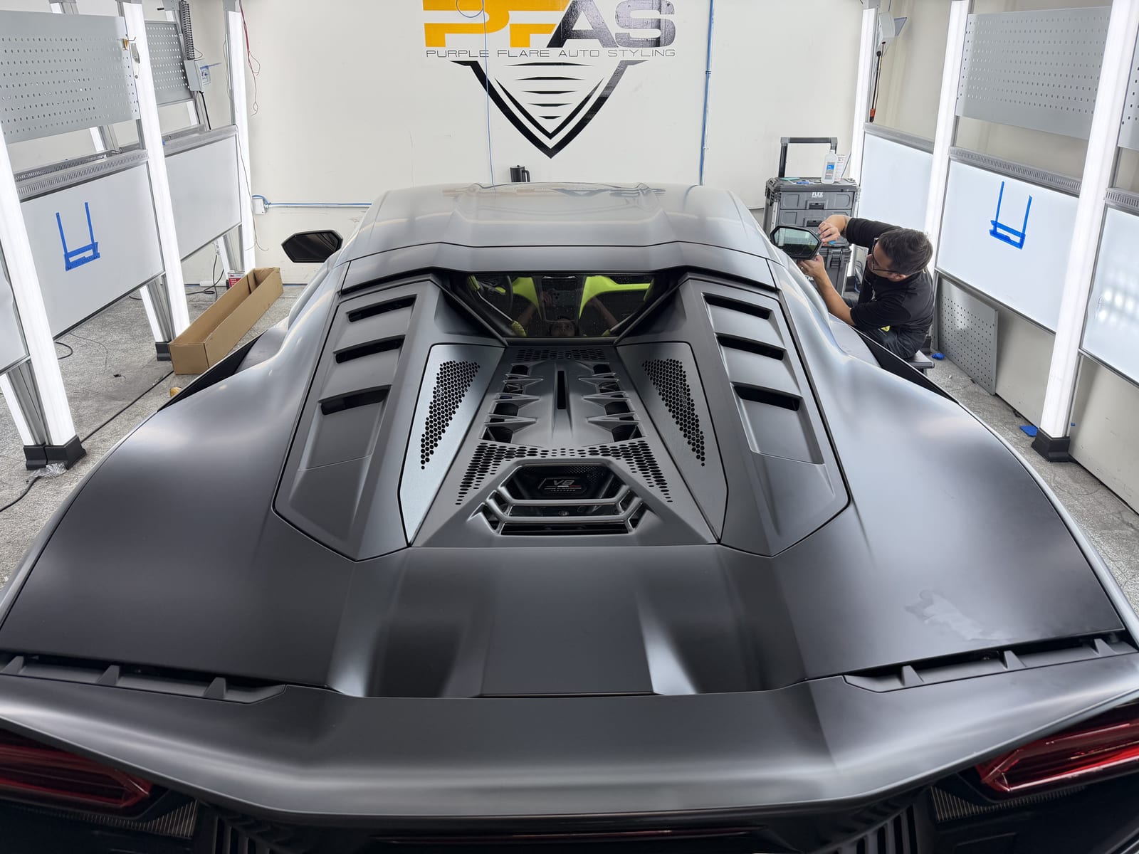 Lamborghini Temerario full-body stealth matte PPF install at Purple Flare Wraps Henderson NV