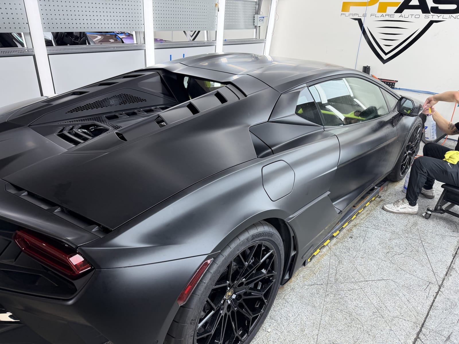 Lamborghini Temerario full-body stealth matte PPF install at Purple Flare Wraps Henderson NV