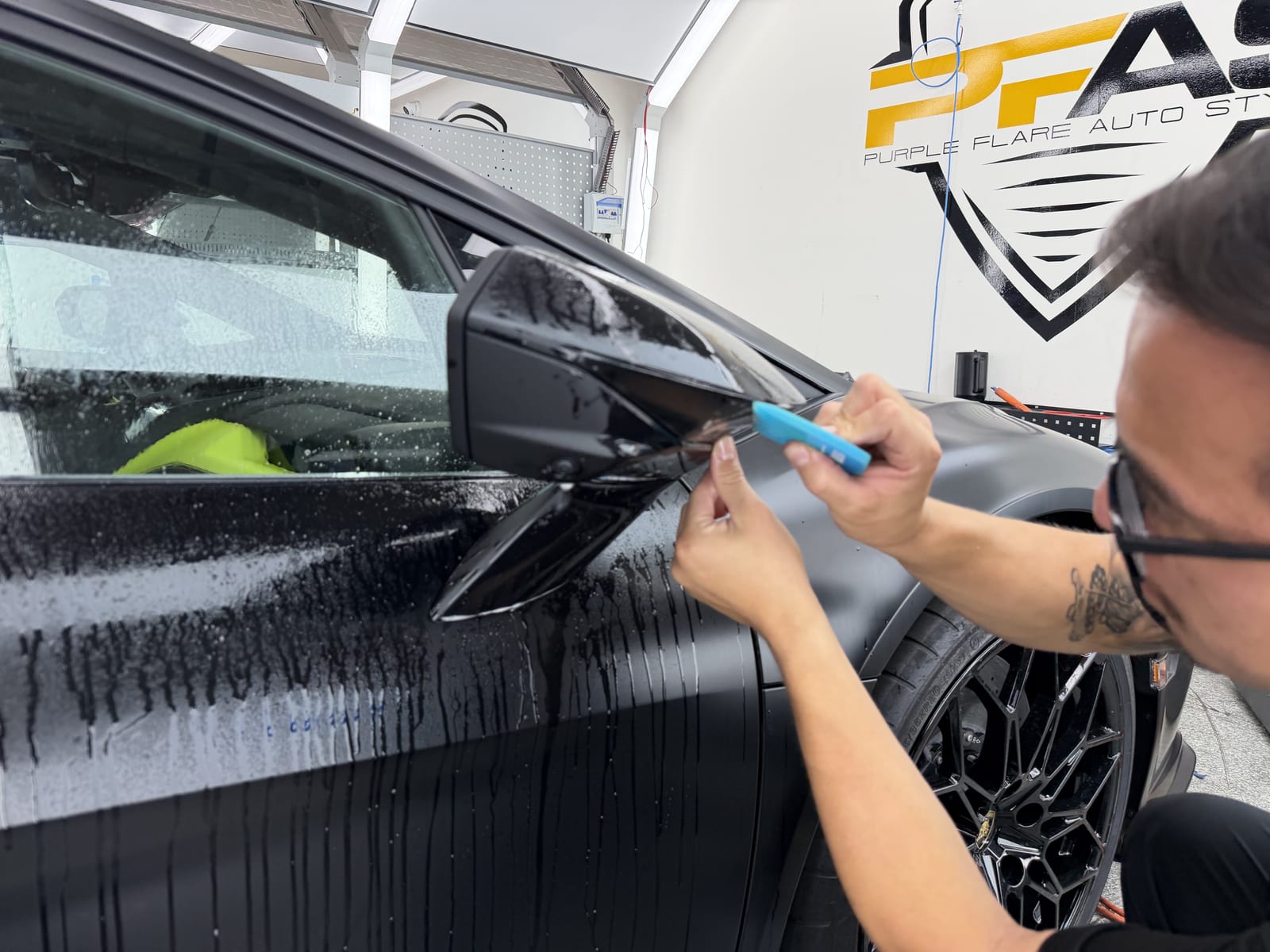 Lamborghini Temerario full-body stealth matte PPF install at Purple Flare Wraps Henderson NV