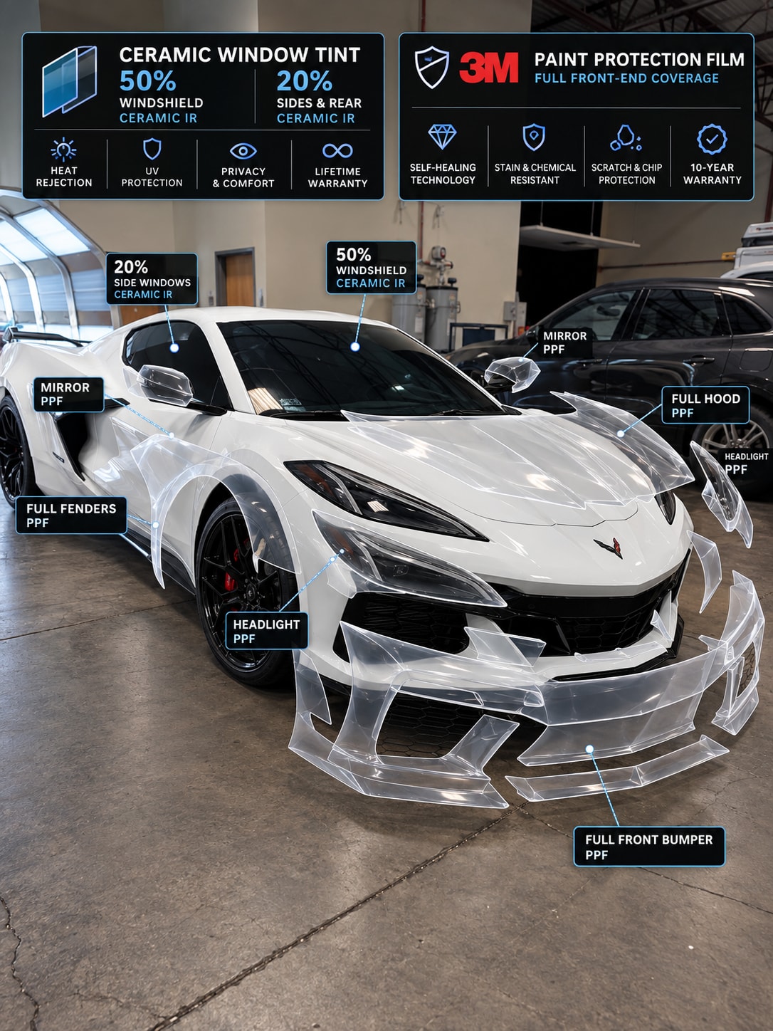 corvette z06 ppf — coverage diagram showing full hood, fenders, front bumper, headlight and mirror PPF plus ceramic window tint on a Corvette Z06