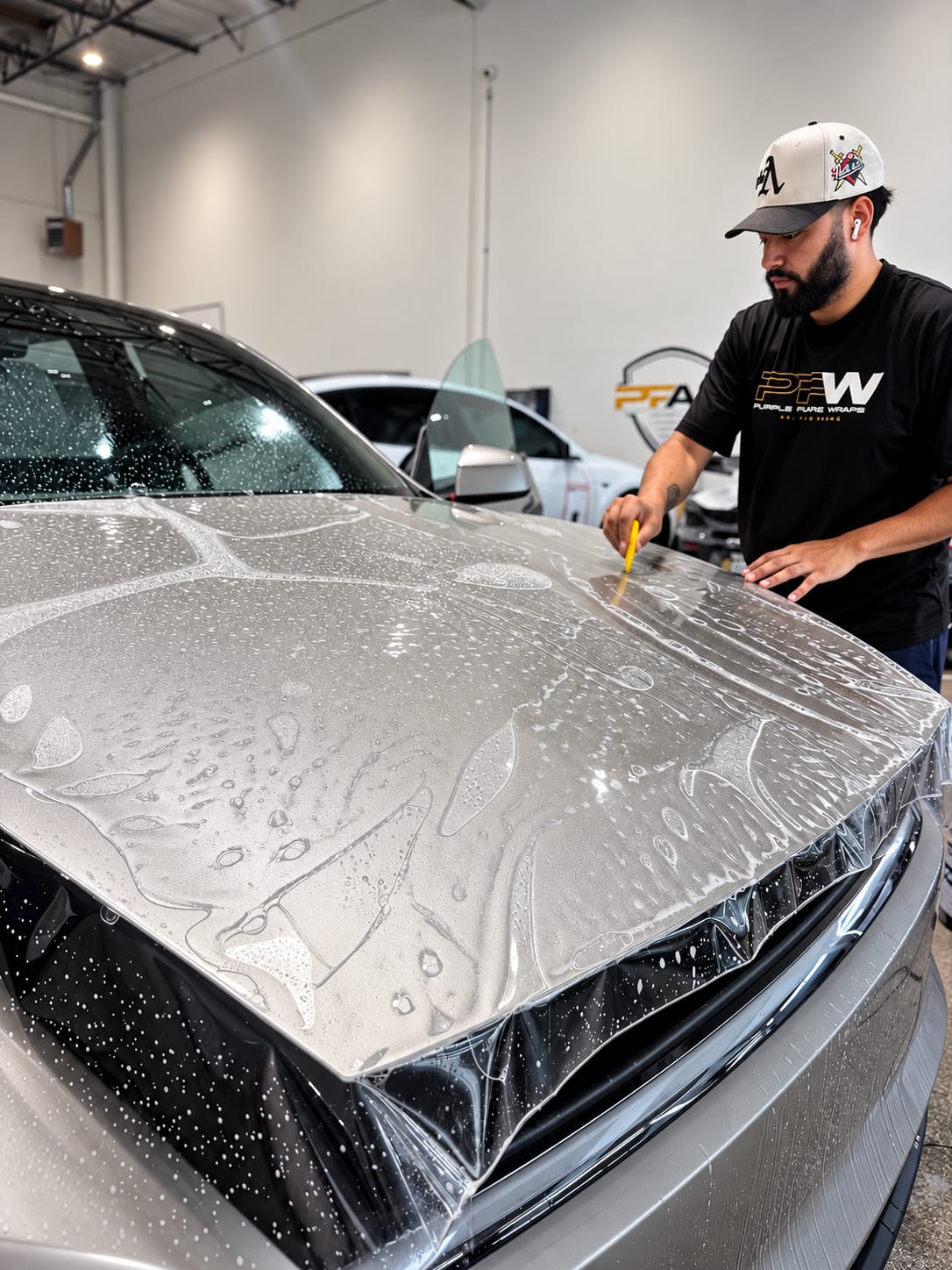 model y l ppf — installer laying 3M paint protection film across the hood of a silver Tesla Model Y L