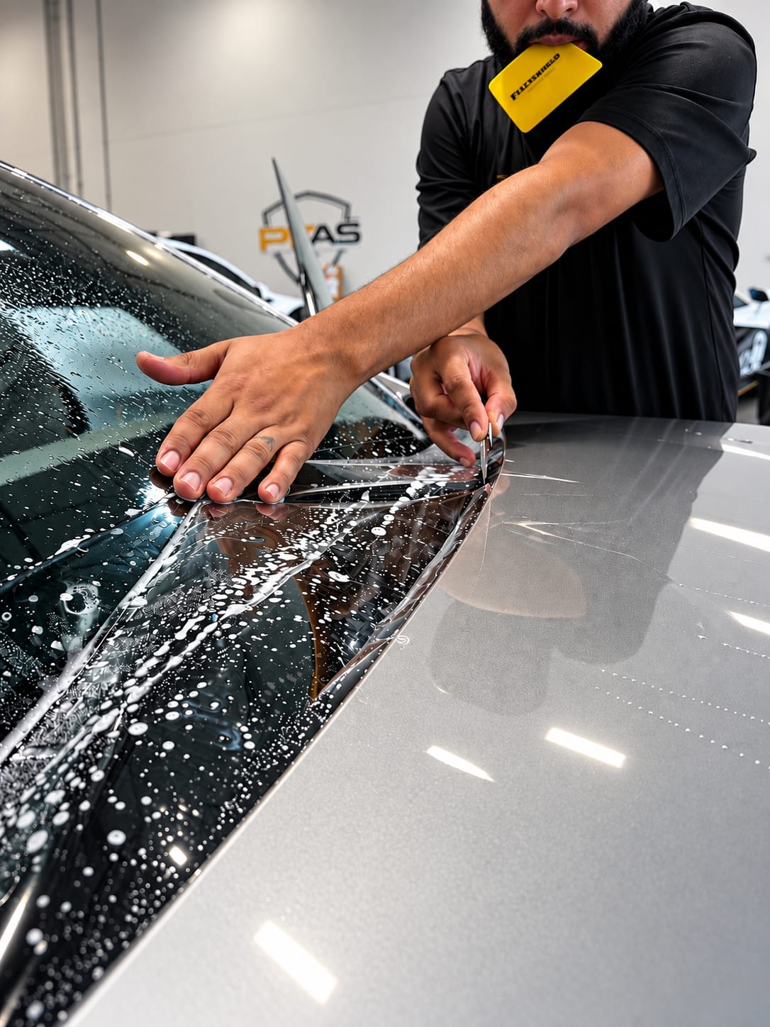model y l ppf — installer tucking PPF around the hood edge of a Tesla Model Y L at the windshield line