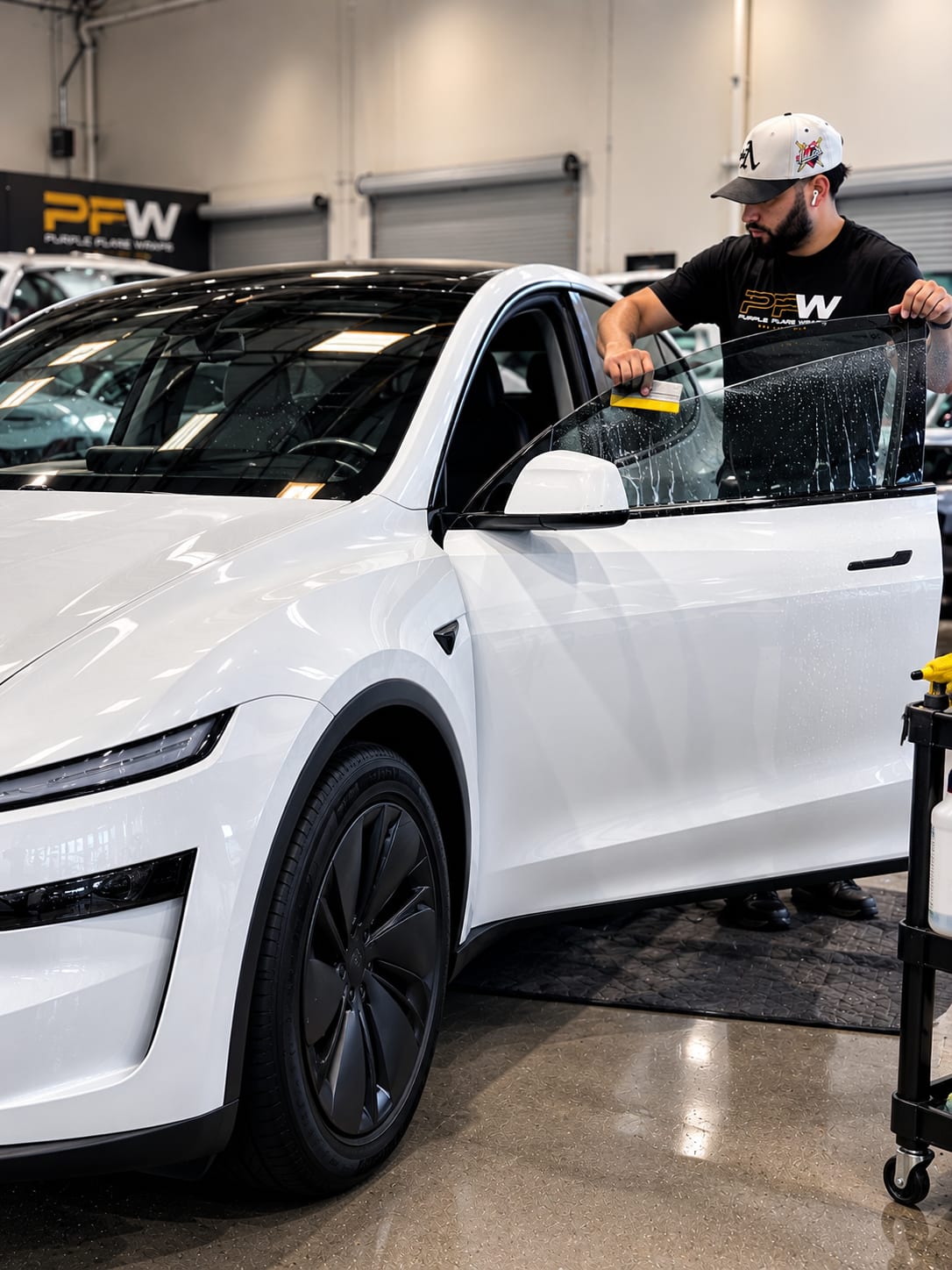 model y l ppf — installing ceramic window tint on the front door glass of a white Tesla Model Y L