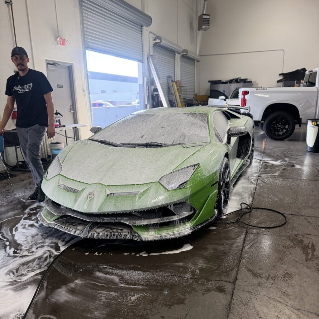 Car detailing Las Vegas: Lamborghini Aventador SVJ foam wash at Purple Flare Wraps