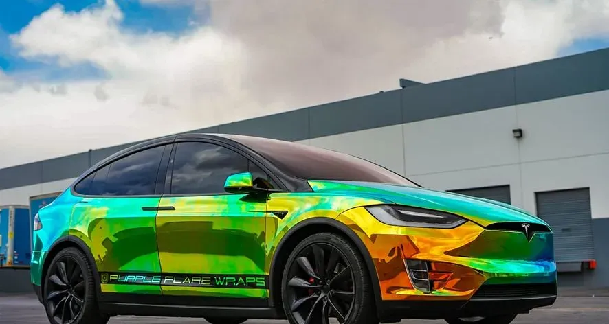 Tesla Model X in a holographic chrome color change wrap